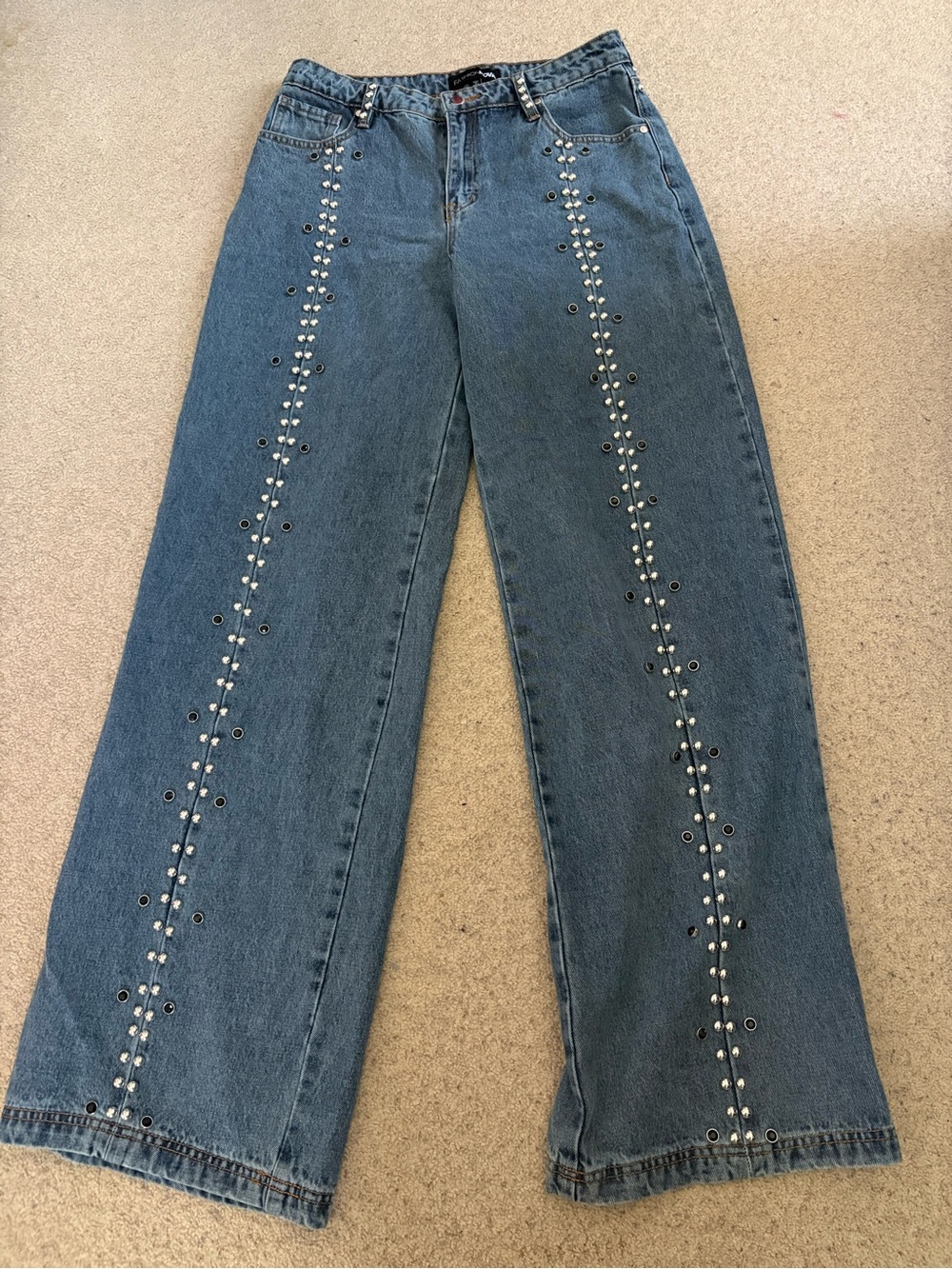 Fashion Nova Blue Stud-Trim Wide Leg Jeans